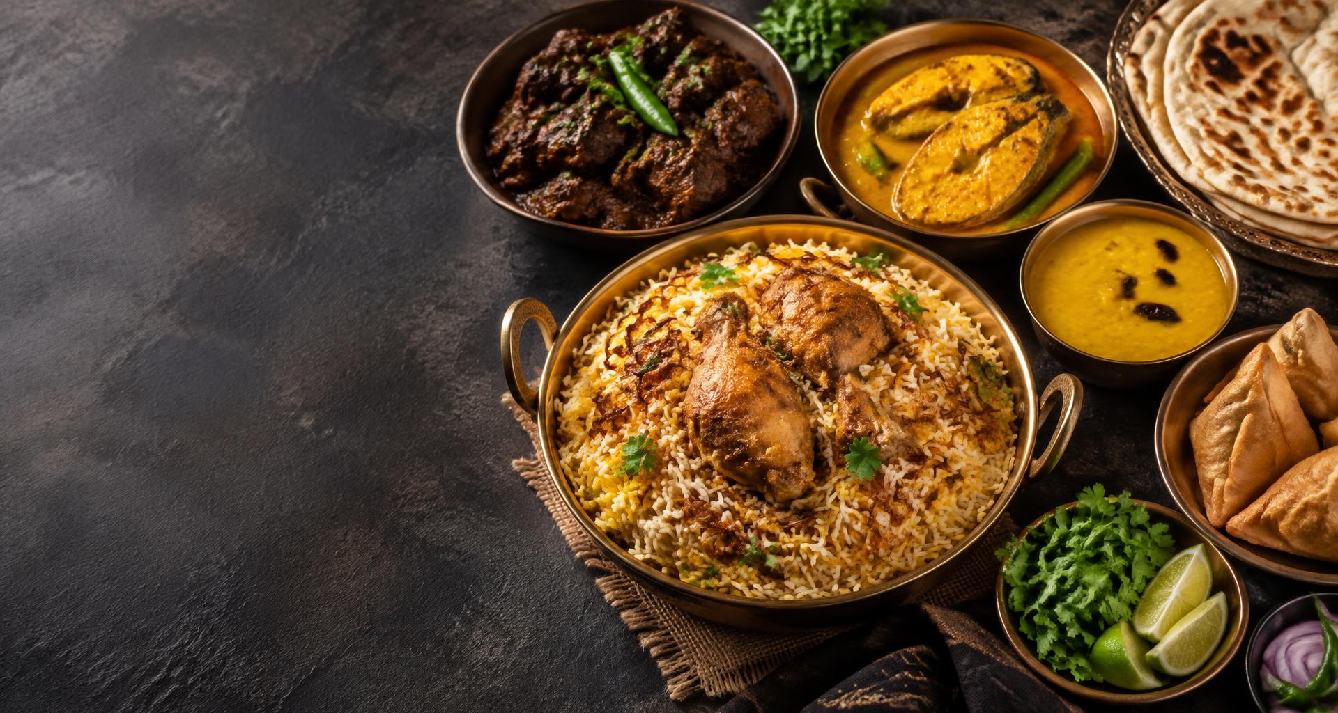 An illustrative Bengali feast with biryani, curry, fish and dal